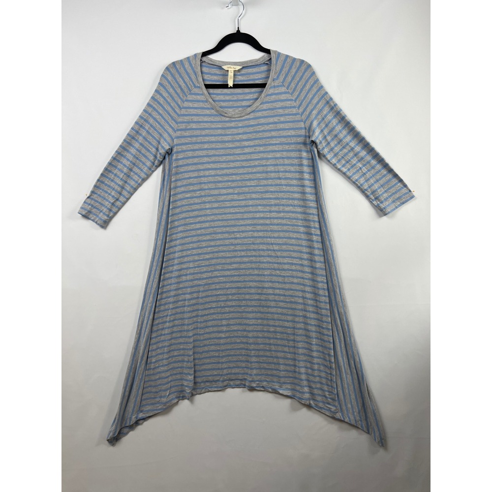 Matilda Jane Tunic Dress Womens L Blue Grey Striped Handkerchief Hem 3/4 Sleeve